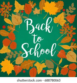 Back to school vector illustration with autumn leaves and dark chalk board background
