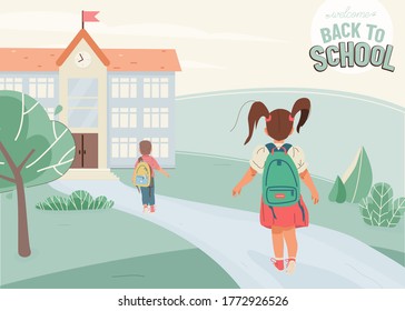 Back to school vector illustration background with greeting text. Little girl, boy go to school building, back view. Green landscape with construction, way, plants, trees.