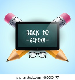Back to school. Vector illustration. School background template with tablet, eyeglasses and two pencils. Back to school text. Poster design.
