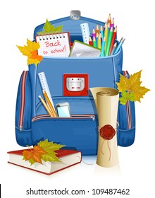 Back to school! Vector illustration of school bag with education objects