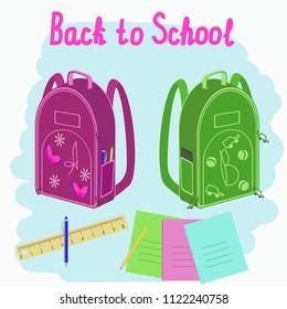 Back to school. Vector illustration with school bags, pens, pencils, mobile phone isolated on blue background