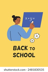 Back to school vector illustration, banner with teacher or student at a chalkboard. Flat cartoon style template with colorful design. Perfect for education, learning. Classroom composition