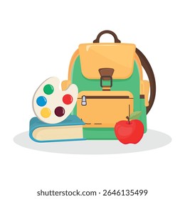 Back to school vector illustration with book, apple, backpack and paint palette. Isolated colorful school supplies on white background. Education, learning and creativity concept for children