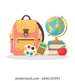 Back to school vector illustration with books, globe, apple, calculator, backpack and paint palette. Isolated colorful school supplies on white background. Education and learning concept for children