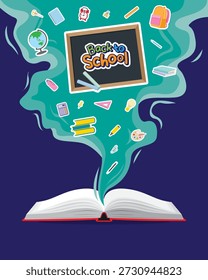 Back to School vector illustration with books and stationery emerging from an open book, representing creativity, imagination, and the joy of learning.