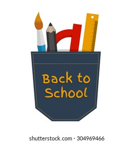 Back to school. vector illustration of a brush, pencil, protractor and ruler in jeans pocket