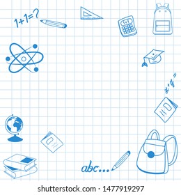 Back to School vector illustration card with outline elements for education with empty space for your text. Poster, flyer, banner, template. Ad concept. Study icon