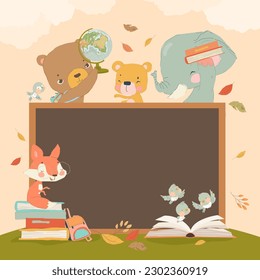 Back to School Vector Illustration. Cartoon Animal Characters holding Schoolbags and Globe learning, reading Book or Textbook, sitting next to Class Blackboard