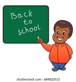 Back to school. Vector illustration with cartoon boy what writing on a board. Can be used for school lessons, sticker and print design, t-shirt print, greeting card, animations.