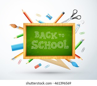 Back To School Vector Illustration With Chalk Board, Pencil, Ruller, Objects. Eps10