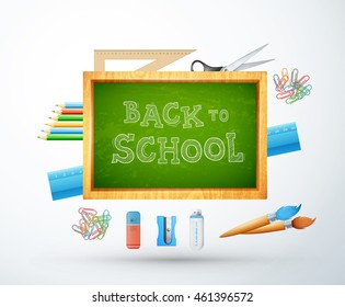 Back to school vector illustration with chalk board, pencil, ruller, objects. eps10