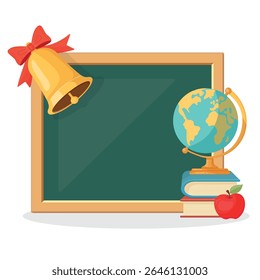 Voltar para a ilustração de vetor da escola com quadro-negro para o texto personalizado, sino com fita, pilha de livros, globo e maçã. Elementos isolados da sala de aula para o Dia do Conhecimento, educação e aprendizagem das crianças

