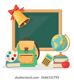 Voltar à ilustração de vetor da escola com quadro-negro para texto personalizado, sino com fita, pilha de livros, globo, maçã, mochila, calculadora e paleta de tinta. Itens escolares isolados para educação infantil

