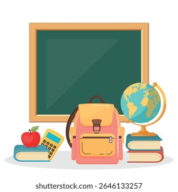 Voltar à ilustração vetorial escola com quadro-negro para texto personalizado, pilha de livros, globo, maçã, mochila e calculadora. Elementos isolados de sala de aula para educação, estudo e aprendizagem de crianças conc