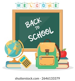 Voltar à ilustração vetorial escola com quadro-negro para texto personalizado, pilha de livros, globo, maçã, mochila e calculadora. Elementos isolados de sala de aula para educação, estudo e aprendizagem de crianças conc