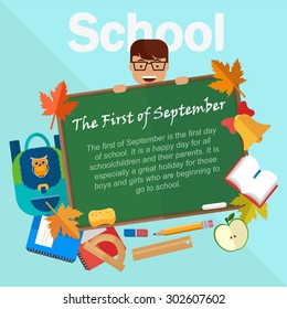 Back to school vector illustration. Chalkboard, backpack, pen, writing-book, boy.