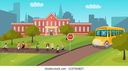 Back to school vector illustration, children at the bus stop, poster design 