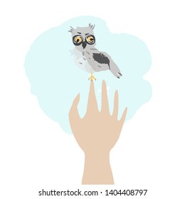Back to school. Vector illustration. Children theme. Character people. Hand with owl. Vector owl.
