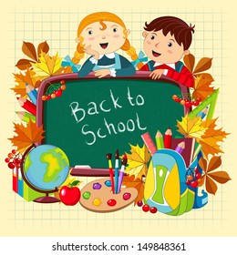 Back to school. Vector illustration with children and school supplies. 