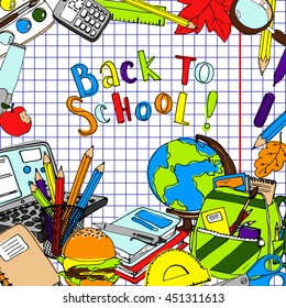 Back to school vector illustration. Colorful background for notebook print. School pattern with pencils, brushes and books.  Hand drawn sketch. 