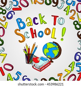 Back to school vector illustration. Colorful background for notebook print. School pattern with pencils, brushes and books.  Hand drawn sketch. 