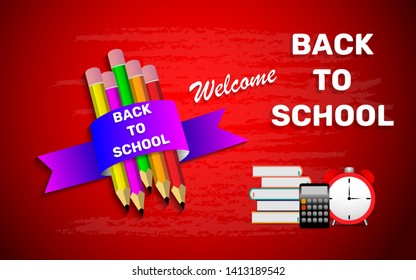 Back to school vector illustration concept with school supplies book, pencil, calculator and school bus illustration for banner, greeting card, sale banner on chalkboard background 