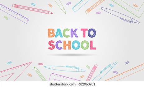 Back to school vector illustration. Creative concept Back to school with colorful elements (pencil, pen, ruler, staple). Graphic design template on light grey background.
