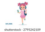 Back to school vector illustration. Cute cartoon schoolgirl with pink hair and backpack holding coffee cup, wearing headphones and showing peace sign hand gesture isolated on white.