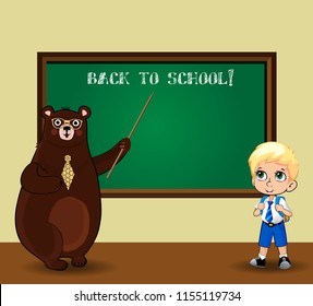Back to school vector illustration with cute cartoon bear teacher wearing glasses and  tie holding pointer and kawaii schoolboy in uniform near blackboard with chalk title and copy space in classroom