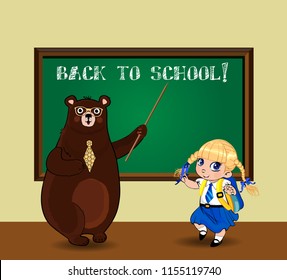 Back to school vector illustration with cute cartoon bear teacher wearing glasses and  tie holding pointer and kawaii schoolgirl in uniform near blackboard with chalk title and copy space in classroom