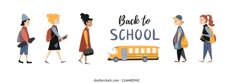 Back to school! Vector illustration with cute school kids.