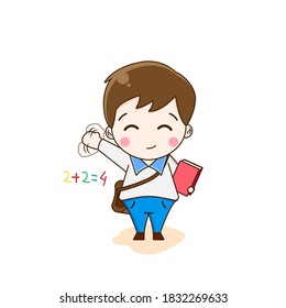 Back to school. Vector illustration of cute chibi school kid character isolated on white background. 