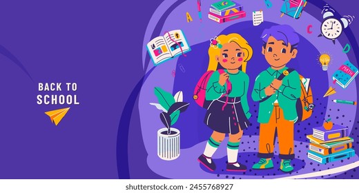 Zurück zur Vektorillustration. Nettes kleines Mädchen und Junge gehen zum Lernen, um sie herum Schulwerkzeug Stift. Schüler mit Rucksack. Bildung-Konzept im Flachfarbstil. Platz für Text, Platz kopieren.