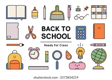 Back to School Vector Illustration with Cute School Supplies set. 