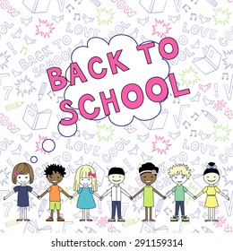 Back to school vector illustration. Decorative students poster. Kids design over notebook background.