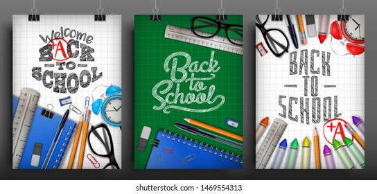 "Back to School" - Vector Illustration design set on grid background with Back to School calligraphy lettering, School supplies such as ruler, rubber (eraser), colors, notebook, alarm clock, e.t.c.