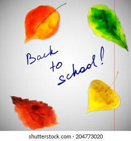Back to School Vector Illustration for Design, Web Site, Background. Beautiful Watercolor Leaf on Copy Book Texture. Template Education Frame. Colorful Yellow, Green, Red Border