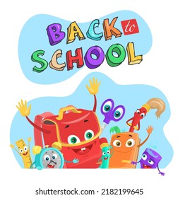 Back to school vector illustration with education items mascot. Happy smiling scissors, paints, paintbrush, ruler, alarm-clock, textbook, schoolbag, pen and pencil character