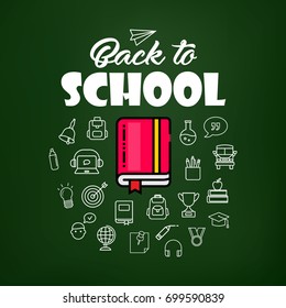 Back to school vector illustration with education related outline icons on the green chalkboard background.