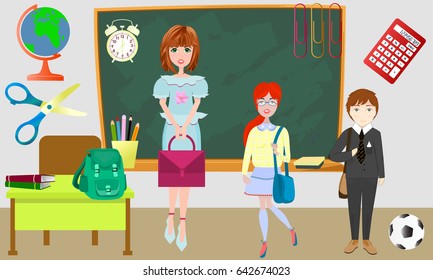 Back to School Vector Illustration. Fashion teacher, cute schoolgirl and schoolboy. School clip art. 