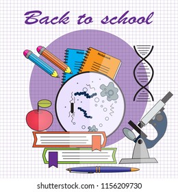 Back to school. Vector illustration in flat style. Microscope with spiral of the DNA, pile of books, pen and pencils. Education and study learning concept.