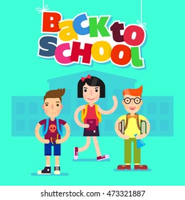 Back to school vector illustration. Flat cartoon schoolmates characters. Geek boy, bully boy and beautiful girl, on the background of school.