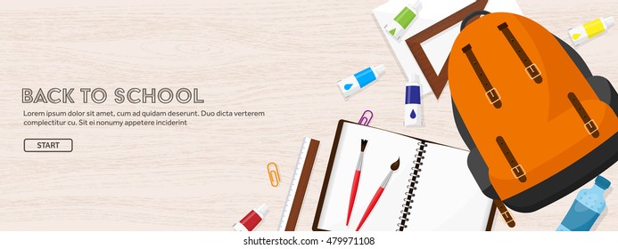 Back to school. Vector illustration. Flat style. Distance education and learning. Online courses and web school. Knowledge and information. Study process. E-learning.