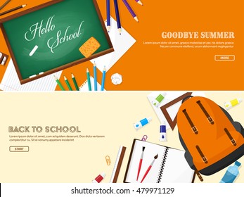 Back to school. Vector illustration. Flat style. Distance education and learning. Online courses and web school. Knowledge and information. Study process. E-learning.