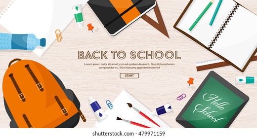 Back to school. Vector illustration. Flat style. Distance education and learning. Online courses and web school. Knowledge and information. Study process. E-learning.