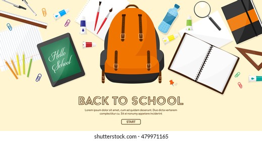 Back to school. Vector illustration. Flat style. Distance education and learning. Online courses and web school. Knowledge and information. Study process. E-learning.