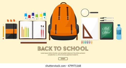 Back to school. Vector illustration. Flat style. Distance education and learning. Online courses and web school. Knowledge and information. Study process. E-learning.