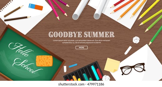 Back to school. Vector illustration. Flat style. Distance education and learning. Online courses and web school. Knowledge and information. Study process. E-learning.