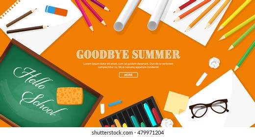 Back to school. Vector illustration. Flat style. Distance education and learning. Online courses and web school. Knowledge and information. Study process. E-learning.