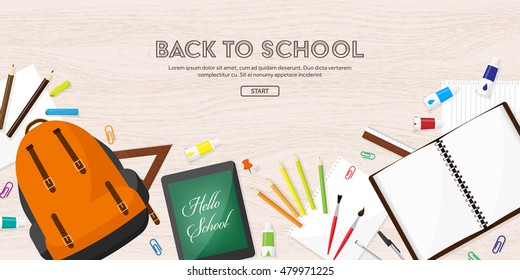 Back to school. Vector illustration. Flat style. Distance education and learning. Online courses and web school. Knowledge and information. Study process. E-learning.